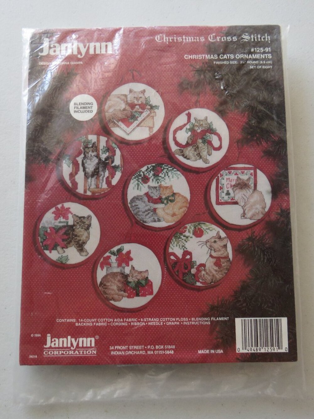 Christmas Cats Ornaments Janlynn Vintage Cross Stitch Kit #125-91, 1994